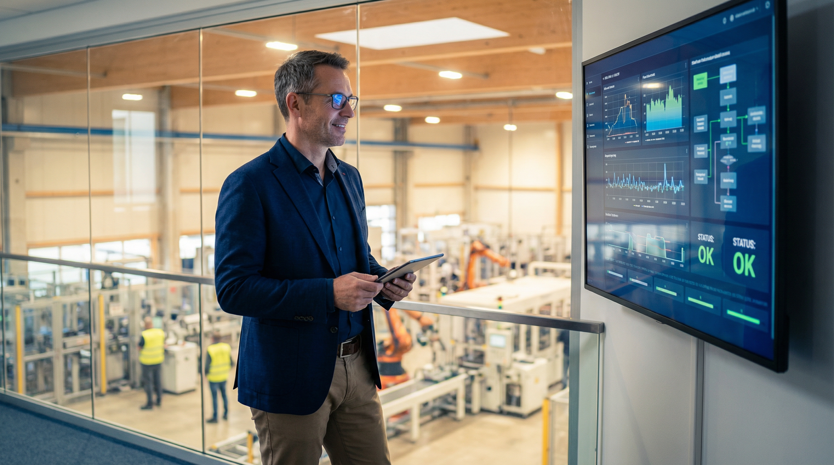 Geschäftsführer eines Produktionsunternehmens betrachtet ein automatisiertes Dashboard – Kontrolle und Überblick durch strukturierte IT-Architektur