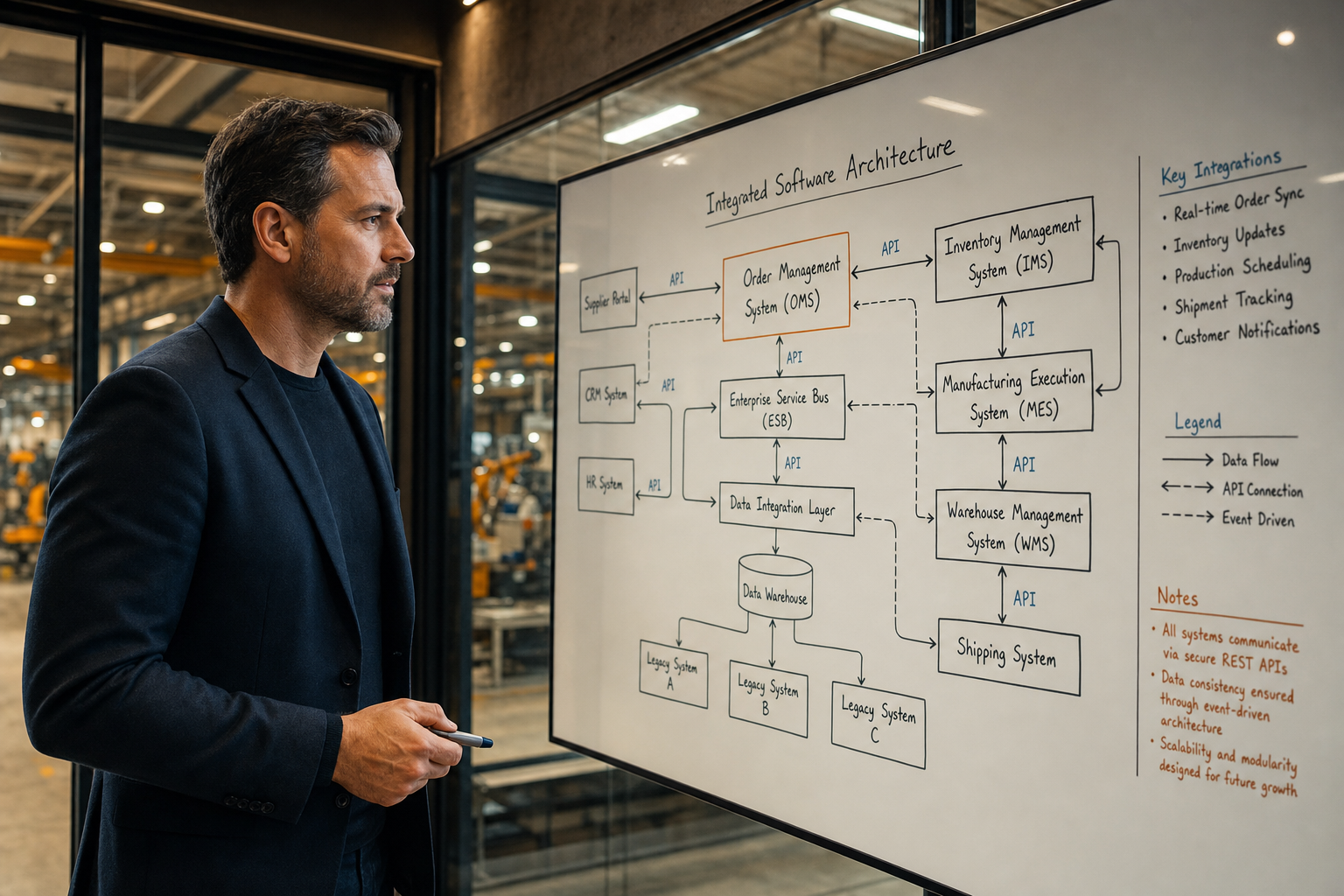 Geschäftsführer eines Produktionsunternehmens betrachtet ein Architekturdiagramm vernetzter Systeme – Automatisierung beginnt mit offener IT-Architektur