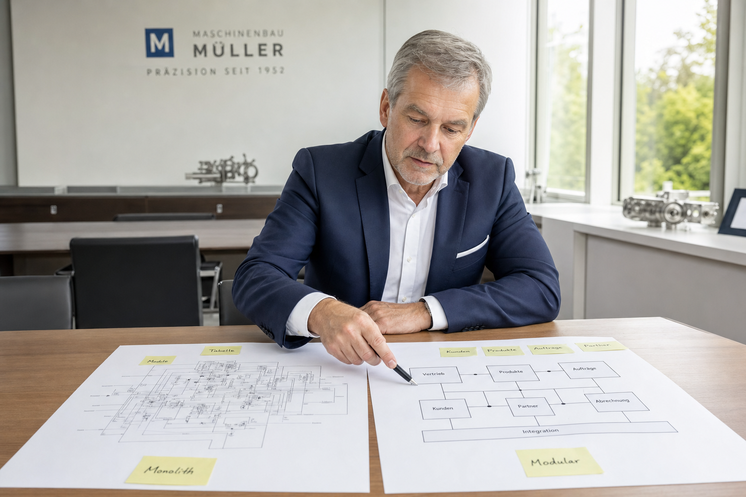 Geschäftsführer eines Produktionsunternehmens verbindet modulare Software-Bausteine zu einem vernetzten System – Best-of-Breed-Architektur statt monolithischem ERP