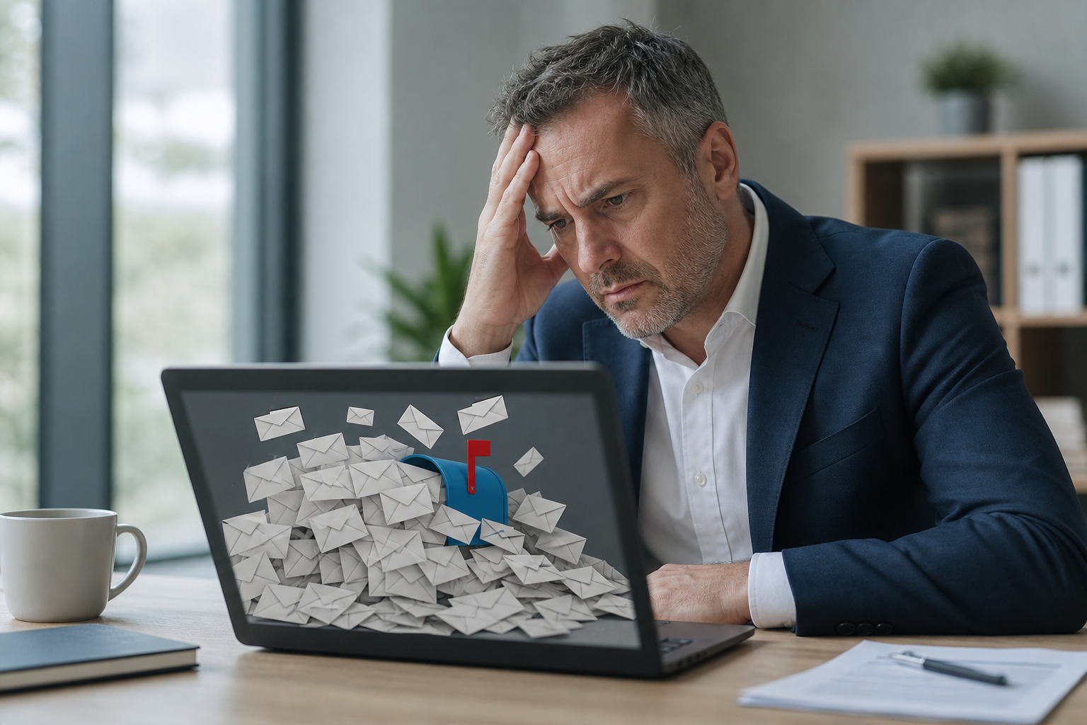 Geschäftsführer am Schreibtisch vor überfülltem E-Mail-Posteingang – Metapher für E-Mail als ineffizienten Workflow-Ersatz