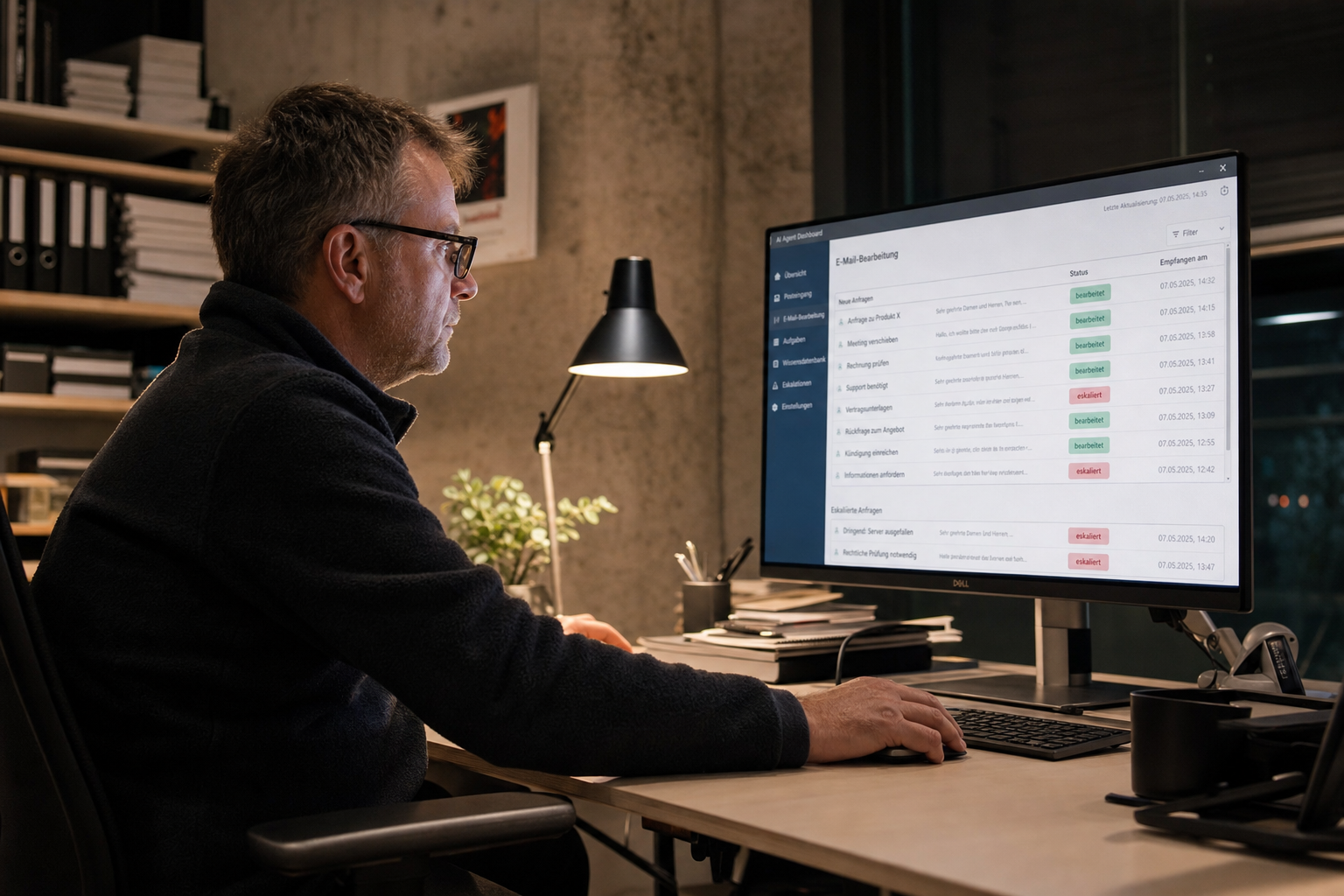 Geschäftsführer prüft das KI-Agent-Dashboard der Software Dude – automatisch bearbeitete und eskalierte Kundenanfragen im Überblick