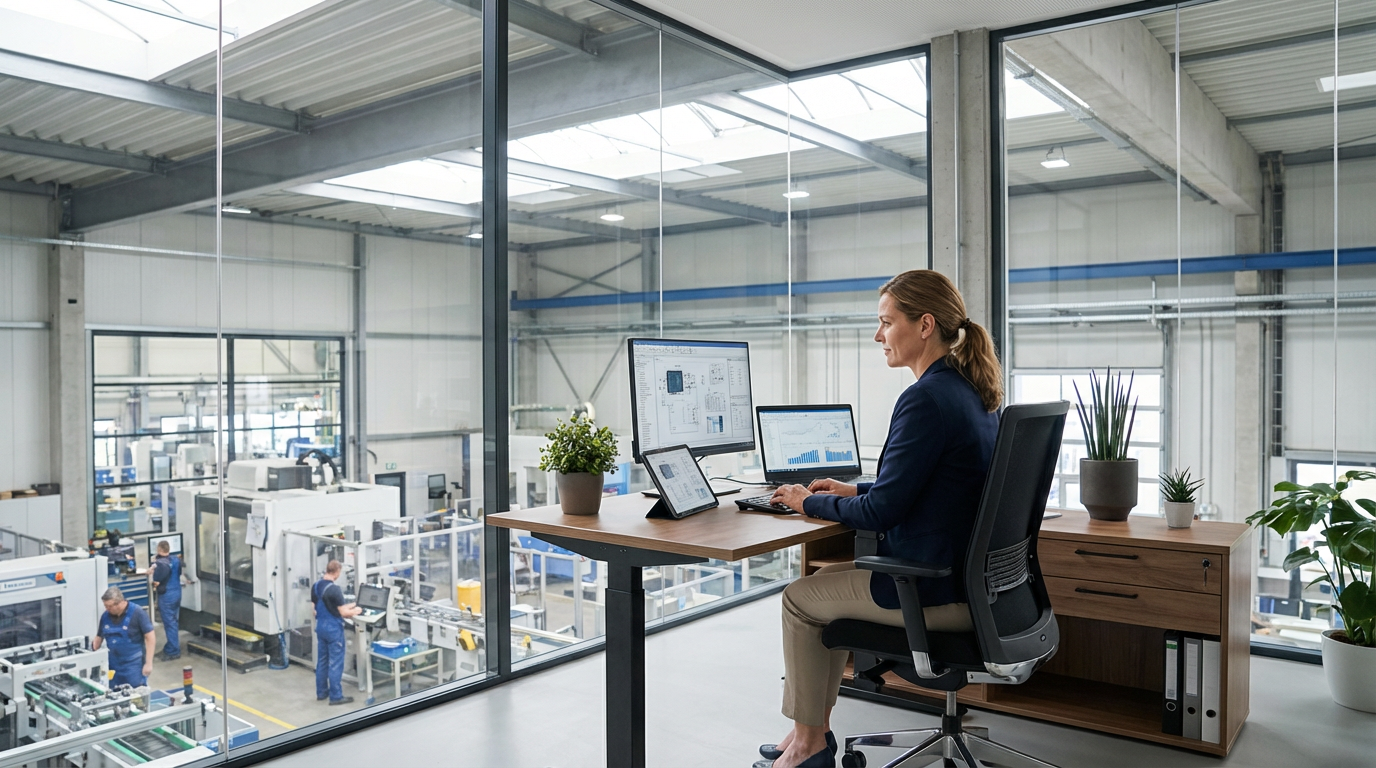 Moderner papierloser Büroarbeitsplatz mit digitalen Dashboards – kein Drucker, keine Ordner